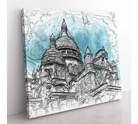 Sacre Coeur in Paris France in Abstract Modern Canvas Wall Art Print Ready to Hang, Framed Picture for Living Room Bedroom Home Office Décor, 50x50 cm (20x20 Inch)