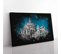 Sacre Coeur In Paris France Paint Splash Modern Art Canvas Wall Art Print Ready to Hang, Framed Picture for Living Room Bedroom Home Office Décor, 76x50 cm (30x20 Inch)