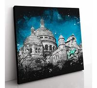 Sacre Coeur in Paris France Paint Splash Modern Canvas Wall Art Print Ready to Hang, Framed Picture for Living Room Bedroom Home Office Décor, 50x50 cm (20x20 Inch)