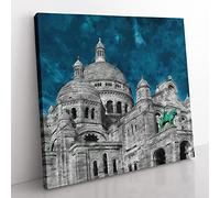 Sacre Coeur in Paris France Painting Modern Canvas Wall Art Print Ready to Hang, Framed Picture for Living Room Bedroom Home Office Décor, 50x50 cm (20x20 Inch)