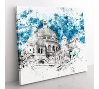 Sacre Coeur in Paris France Watercolour Modern Canvas Wall Art Print Ready to Hang, Framed Picture for Living Room Bedroom Home Office Décor, 50x50 cm (20x20 Inch)