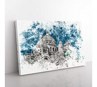 Sacre Coeur In Paris France Watercolour Modern Canvas Wall Art Print Ready to Hang, Framed Picture for Living Room Bedroom Home Office Décor, 76x50 cm (30x20 Inch)