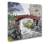Sacred Bridge in Nikko by Tsuchiya Koitsu Canvas Print | Gallery Wrapped 30mm Frame Wall Art | 14x14 inches | Ready to Hang | Modern Cityscape Picture | Living Room Bedroom Lounge Office