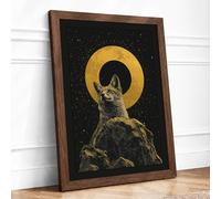 Sacred Cat Under Stars Japandi Framed Wall Art Print A1 (84.1×59.4cm) Walnut, Wall Decor for Living Room, Bedroom, Office & Home, Ready to Hang, Art Gift