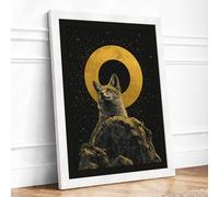 Sacred Cat Under Stars Japandi Framed Wall Art Print A2 (59.4×42cm) White, Wall Decor for Living Room, Bedroom, Office & Home, Ready to Hang, Art Gift