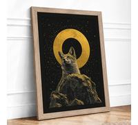 Sacred Cat Under Stars Japandi Framed Wall Art Print A3 (42×29.7cm) Oak, Wall Decor for Living Room, Bedroom, Office & Home, Ready to Hang, Art Gift