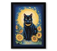 Sacred Cat with Sunflowers Eclectic Framed Wall Art Print A3 (42×29.7cm) Black, Wall Decor for Living Room, Bedroom, Office & Home, Ready to Hang, Art Gift