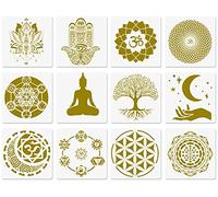 Sacred Geometry Stencils - 12 Pcs Yoga Stencils with Om, Lotus, Chakra, Mandala, Hamsa, Sun, Moon Symbols for Painting on Wood, Fabric, Walls - 10"x10"