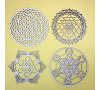 Sacred Geometry Wood Wall Art 4Pcs Set 12” Sri Yantra Wall Decor Metatrone's Cube Artwork Seed of Life Wall Sculpture Torus Yantra Mandala Yoga Decor Chakra Crystal Grid Board Rune Baptism Home Decor