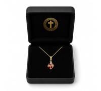 Sacred Heart of Jesus Christ Necklace - Ruby Red Heart Pendant with Zirconia & Cross - Gold-Tone Stainless Steel - Adjustable Chain (45-50 cm) - Communion or Baptism Gift - Black Velvet Gift Box
