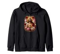 Sacred Jesus Heart Floral Catholic Devotional Icon Art Faith Zip Hoodie