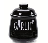 Sacred Remedy Ceramic Garlic Keeper Pot with Lid [BLACK] Storage Jar with Ventilation Holes to Keep Fresh in Kitchen