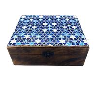 Sacred Remedy Large Handcrafted Ceramic Glazed Wood Box with Blue Stars - 20x15x7.5cm Decorative Storage for Keepsakes, Jewelry & Trinkets - Unique Home Decor and Gift Idea