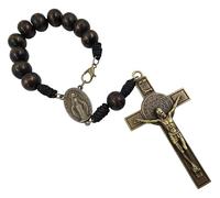 Sacred Saint Benedict Medal Crucifix One Decade Catholic Rosary for Car Rearview Mirror Bronze Miraculous Medal Wood Beads Auto Rosaries Religious Gift for Women Men