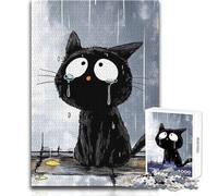 Sad Black Cat in The Rain Jigsaw Puzzle 1000 Cognitive Development Fun Game Special Thoughtful Celebration Present Size 38x52cm