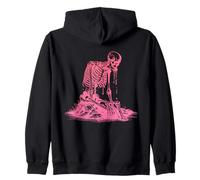Sad Emo Gothic Skeleton, Cool Edgy Streetwear Pink Graphic Zip Hoodie