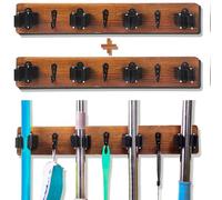 Saderoy 2 Pack Mop and Broom Holder Wall Mount Solid Wood Broom Rack Wall Mount 4 Positions 3 Hooks for Home, Kitchen, Garden, Tools, Garage Organizing, Cleaning Supplies Organizer Indoor Outdoor