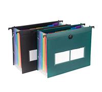 Saderoy Hanging File Folders Set Letter Size, 2 Pack Total 14 Pocket Plastic Retractable Hooks File Expandable Folders Waterproof for Accordion File Receipt Organizer Filling Cabinet(Black Green)