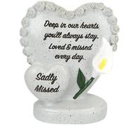 Sadly Missed Memorial Double Heart Ornament with Rose Border & White Lily - Stone-Effect Grave Decoration with Inscription - Graveside & Garden Tribute Remembrance Keepsake for Mum Dad Nan Grandad