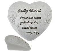 Sadly Missed Memorial Heart Ornament with Diamantes & Embossed Roses - Stone-Effect Standing Grave Decoration with Inscription - Graveside, Cemetery & Garden Remembrance Tribute Keepsake