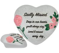 Sadly Missed Memorial Heart Ornament with Diamantes & Roses - Graveside Grave Decoration, Cemetery Ornament, Sympathy Gift for Mum Dad Nan Grandad - Funeral Remembrance Tribute Stone Effect Keepsake