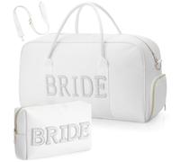 Sadnyy 2 Pcs Bride Travel Bag with Shoes Compartment Bridal Shower Gifts White Quilted Tote Makeup Bag Pearl Patch Shoulder Wedding Trunk Keepsake for Bride to Be Honeymoon Engagement Gift