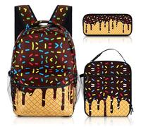 Sadnyy 3 Pcs Baseball Ice Cream Drip Backpack Set 14'' Baseball Drip Bag with Lunch Box Pencil Bag for Sport Travel BackPack(Retro,Mixed Color)