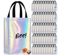 Sadnyy 50 Pcs Boo Halloween Iridescent Gift Bags with Handles and Sturdy Bases, 8 x 4 x 10 Inch Candy Goodie Bags Reusable Non-woven Tote Handles for Presents Wrapping Party Favor Supplies