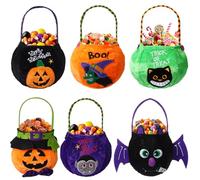 Sadnyy 6 Pcs Halloween Pumpkin Plush Bucket Trick or Treat Buckets Monster Candy Basket Tote Bag with Handle Portable Candy Gift Holder for Halloween Party Favor Supplies