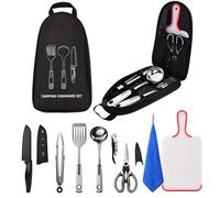 Sadodo Camping Cooking Utensils Accessories Set,9PCS Kitchen Utensils Organizer,Stailess Steel Multifunctional Cutter Spoon Spatula cleaning cloth With Storage Bag for Picnic,BBQ,Hiking,Caravan,Black