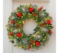 Sadodo Christmas Wreath,16 Inch Christmas Front Door Decoration,With LED Light,Red Christmas Baubles Balls,Berries,Pine Cones,Home Wall Window Decor