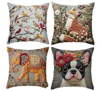 Sadodo Decorative Cushion Covers Set of 4,Vintage Linen Pillow Cases,Fox Dog Bird Flower 2D Printing 3D Visual Effect, Square Throw Pillowcases, for Sofa Bed Home Decor, 18x18 Inch 45cm