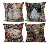 Sadodo Decorative Pillow Covers 18x18 Inch Set of 4,Vintage Spring Floral 2D Printing with 3D Effect, Square Linen Throw Pillowcases, for Sofa Living Room Bed Home Decor, 45x45cm (Cat Pack 4PCS Set)