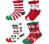 Sadodo Fluffy Fuzzy Christmas Socks,Pack of 4 Pairs Women's Festive Funny Socks,Santa Claus,Tree,Reindeer,Line Winter Warm Coral Fleece Xmas Socks(Fluffy Socks Mix B)