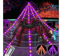 Sadodo LED Giant Outdoor Spider Web With Lights,Halloween Decoration,Orange&Purple 250 LED 8 Lighting Mode,5M/16.4Ft Triangular Cobweb,with 2M/80inch Spider,for Outdoor Garden and Haunted House