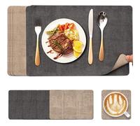 Sadodo Placemats and Coaster Set of 6, PU Leather Heat-Resistant Washable and Non-Slip,43 x 30 cm Table Mats 6PCS for Kitchen Tabl,Dual Side 2 Color,Dark Grey & Beige Kahki