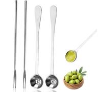 Sadoia 4 Pcs 8.7 Inch Pickle Fork and Olive Spoon with Drain Hole Strainer Set - Stainless Steel Long Handle Serving Utensils with Sharp Tip Food Pickers for the Jar Cucumber Arugula Caper, ZX072