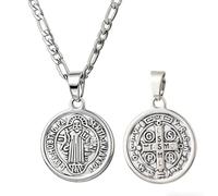 SAELACY Saint Benedict Medal Pendant Necklace for Women Men 14K Silver Tone Stainless Steel Saint Benedict Medal with Figaro Chain Necklace, chain length:18"+2", Stainless Steel, No Gemstone