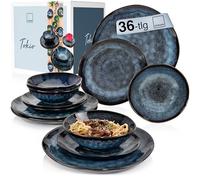 Sänger Tokyo Dinner Service, 36 Pieces, Crockery Set for 12 People, Stoneware Tableware Set, Dinnerware, Modern Handmade, Dining Service Dark Blue with Black Accents, Premium Collection