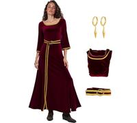 Saephaw Mother Gothel Costume Women Red Velvet Renaissance Dress Evil Witch Halloween Cosplay Outfits with Earrings Belt XL
