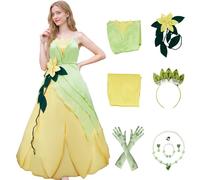 Saephaw Princess Tiana Costume Women Green Flower Dress Tops Skirt Set Headband Necklace Earrings Halloween Cosplay Outfits 3XL