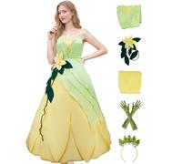 Saephaw Princess Tiana Costume Women Tops Skirt 2pcs Set Green Flower Headband Gloves Halloween Tiana Dress Cosplay Outfits, Green, XX-Large