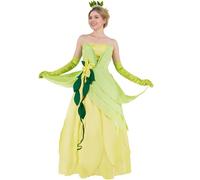 Saephaw Princess Tiana Costume Women Tops Skirt 2pcs Set Green Flower Headband Gloves Halloween Tiana Dress Cosplay Outfits, Green, Large