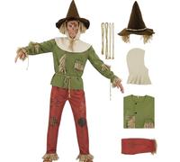 Saephaw Scarecrow Costume Men Green Shirt Red Pants Hood Witch Hat Ropes Straw Wizard Kit for Halloween Cosplay Outfits 3XL