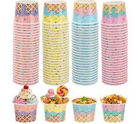 saerryor 100 Pack Paper Ice Cream Cups, 8oz Colorful Paper Dessert Bowls 4 Designs for Hot or Cold Food Sundae Frozen Yogurt Soup