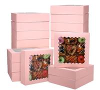 saerryor 15 Pack 25.5x25.5x6.5cm Pink Cookie Boxes with Window, Bakery Boxes Pre Folded Gift Packaging Box for Pastry Macaron Dessert Biscuit Chocolate