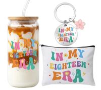saerryor 18th Birthday Gifts for Girls,16oz Drinking Cup,Makeup Bag Keyring | In My Eighteen Era Glass Iced Coffee Cup,18 Year Old Gifts for Sisters Daughter Niece,Granddaughter, Friends