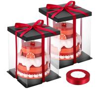 saerryor 2 Pack Clear Cake Boxes with Lid & Ribbon 22x22x30cm, 12 Inch Tall Transparent Plastic Cake Carrier Containers, Cakes Gift Packaging Boxes for Birthday Wedding Celebrations Party