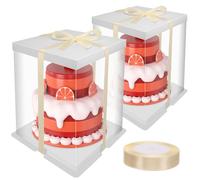saerryor 2 Pack Clear Cake Boxes with Lid & Ribbon 22x22x30cm, 12 Inch Tall Transparent Plastic Cake Carrier Containers, Cakes Gift Packaging Boxes for Birthday Wedding Celebrations Party, White
