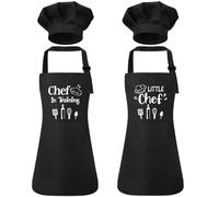 saerryor 2 Pack Kids Chef Apron and Hat,Black Children's Chef Aprons Costume with Prints,Adjustable Aprons for Kids with Pockets for Boys and Girls Cooking Baking Painting Gardening Cleaning